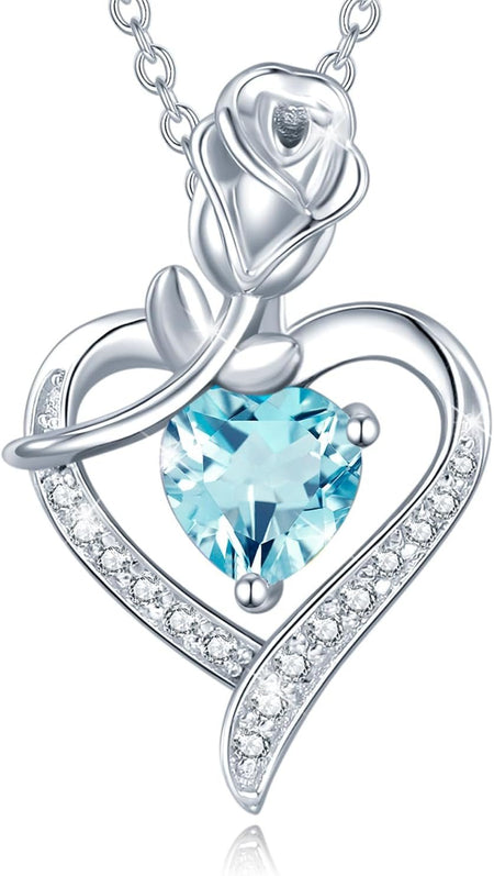 Fine Jewelry Valentines Day Gifts for Her Birthstone Necklace for Women Sterling Silver Genuine or Created Gemstone Rose Flower Heart Pendant Necklace Anniversary Birthday Gifts for Girls Wife Mom